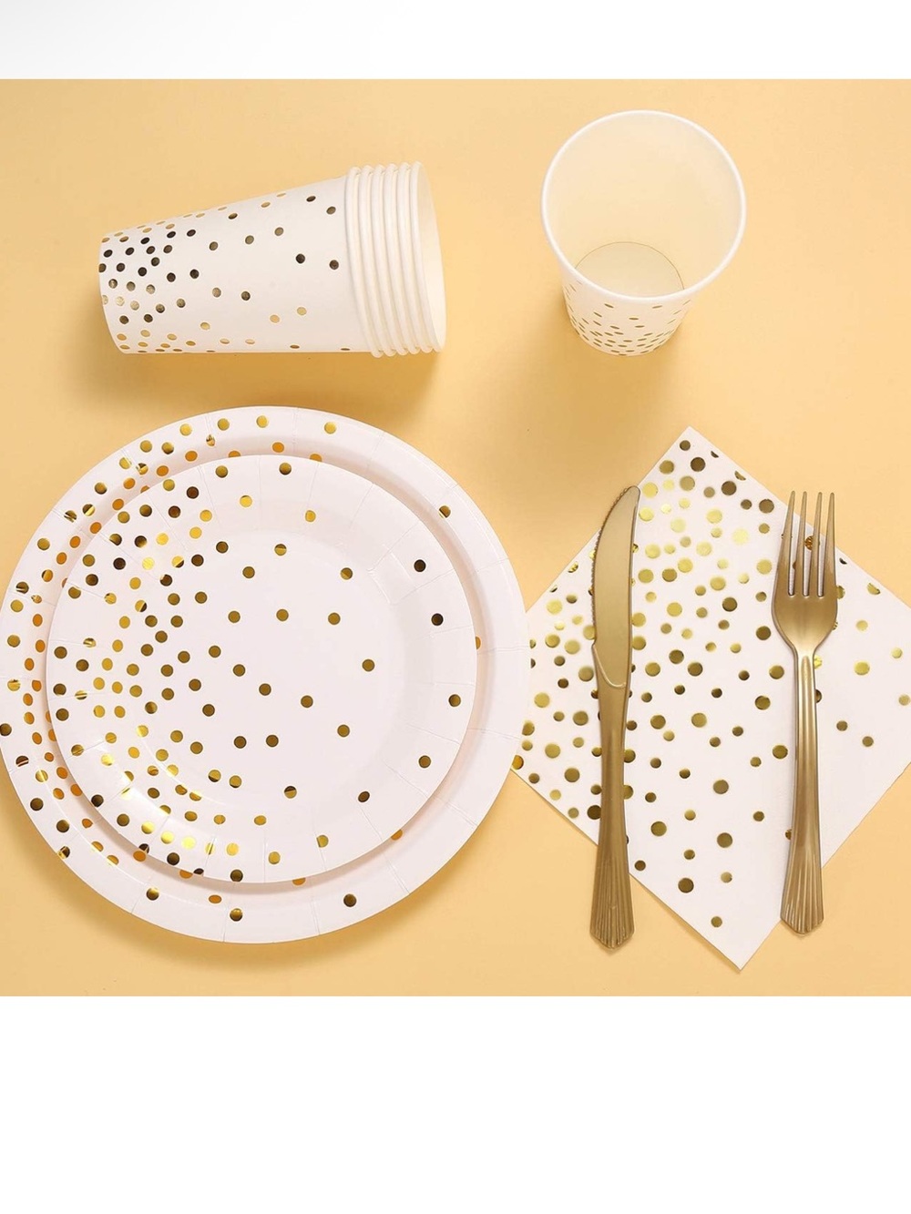 DUOCUTE White and Gold Polka Dot Disposable Dinnerware Set - 150 Pcs (Serves 25)